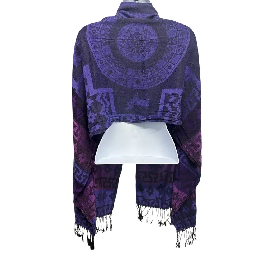 Purple Andean Llama Geometric Sun Motif Fringed Shawl Wrap‎ Scarf